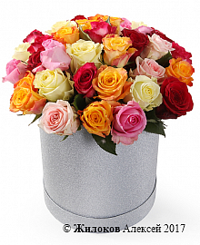 Букет Фламандская легенда (35 роз) в серебристой шляпной коробке