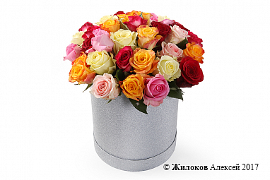 Букет Фламандская легенда (35 роз) в серебристой шляпной коробке